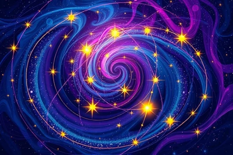 Abstract cosmic energy flows with luminous points symbolizing fixed stars and destiny