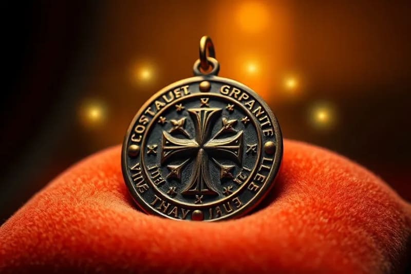 Medalla de San Benito antigua con inscripciones latinas flotantes