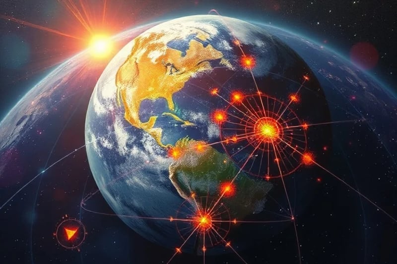 Abstract digital painting of Earth's glowing energetic grid lines connecting sacred sites