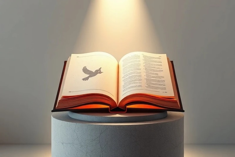Libro abierto con luz y rosario