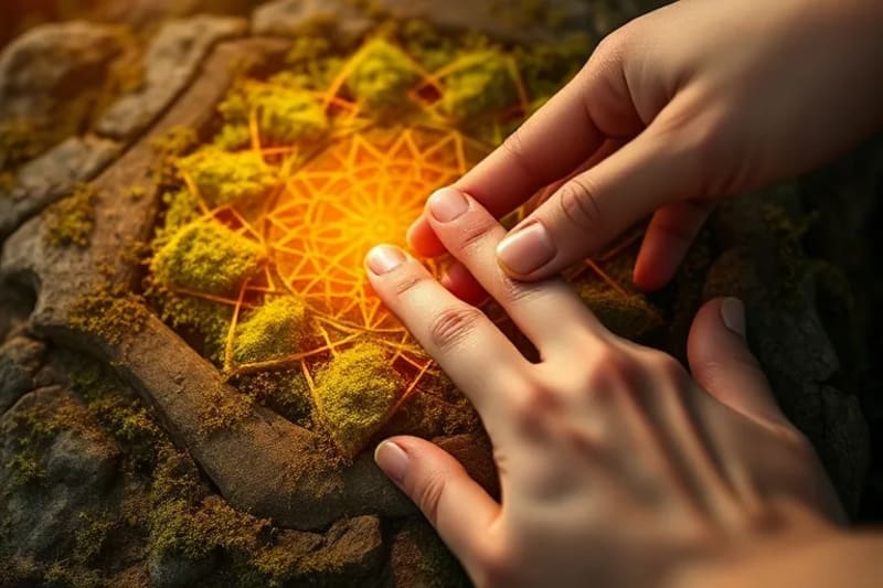 Close-up of a human hand touching a glowing ancient stone, symbolizing healing connection to Earth