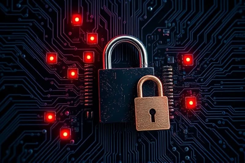 Escudo digital y candados enredados en flujos de datos caóticos