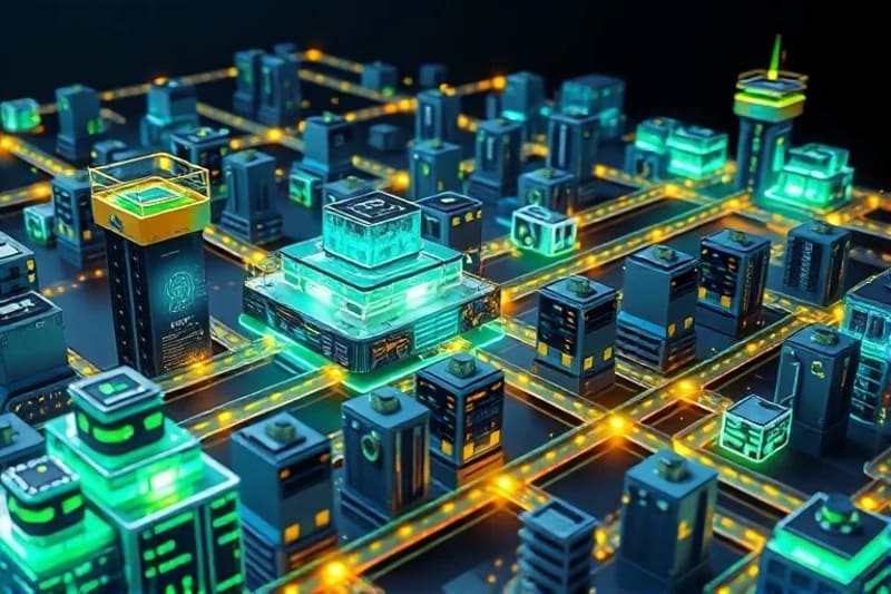Ciudad digital organizada con bloques de datos y torres de control
