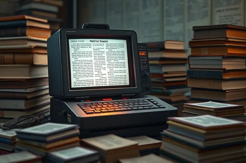 Representación conceptual de un antiguo lector de microfichas, con una pantalla brillante que muestra texto fragmentado y diagramas, rodeado de documentos y tarjetas perforadas, simbolizando el inicio de la organización de la información.