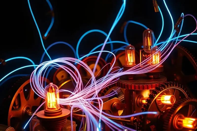 Representación conceptual de una intrincada red de cables de fibra óptica luminosos entrelazados con engranajes de latón antiguos y tubos de vacío, sobre un fondo oscuro, simbolizando la transición de lo mecánico a lo digital y el flujo de información.