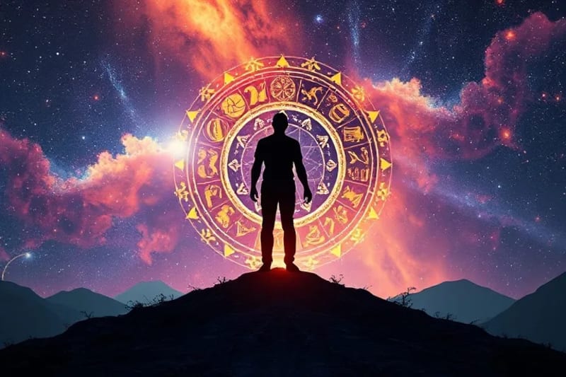 Silueta humana fusionándose con símbolos zodiacales, representando la integración de la sombra