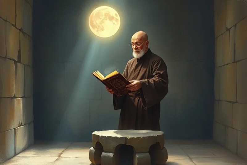 Figura levitando en éxtasis durante la oración, en una celda monástica iluminada por la luna.