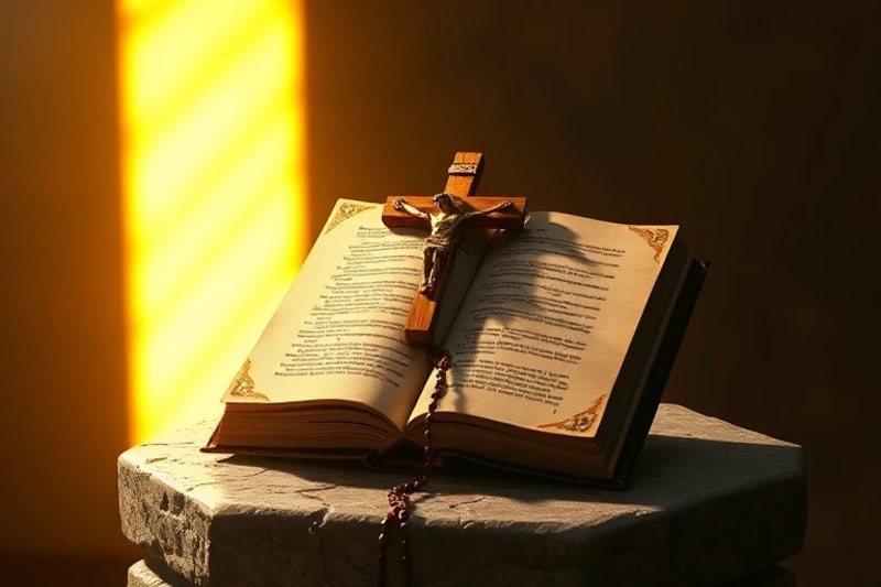Crucifijo, libro sagrado y rosario iluminados por una luz dorada, simbolizando el misticismo y la fe.