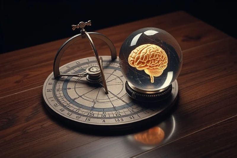 Antique astrolabe with crystal globe reflecting a brain