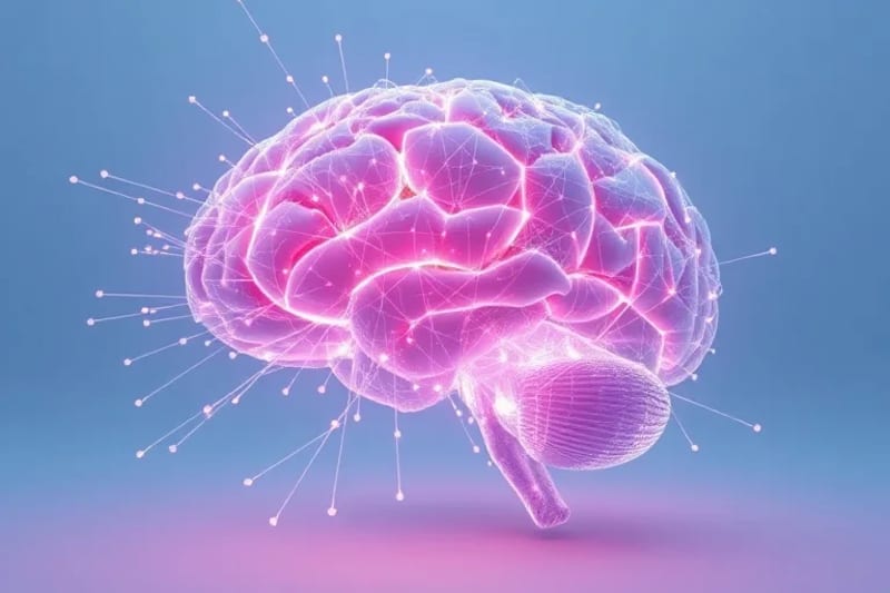 Cerebro humano estilizado con conexiones de luz, flujo de datos