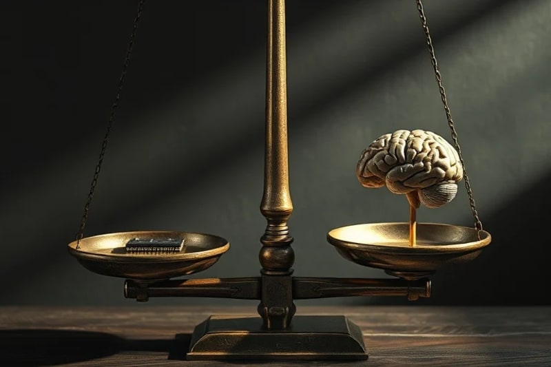 Balanza antigua con microchip y cerebro, luz sombría