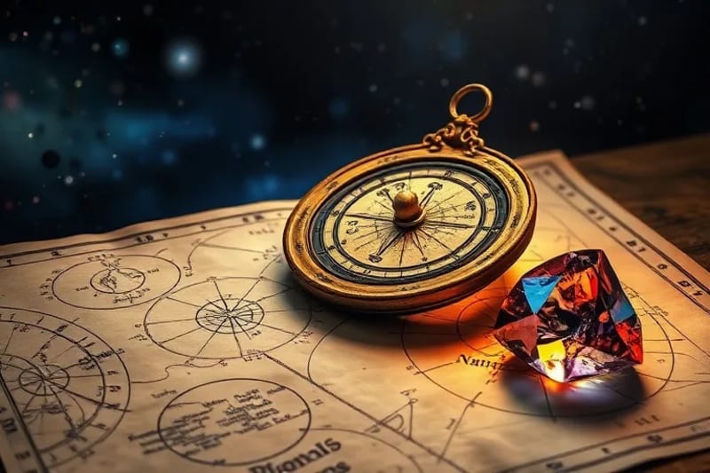 Ancient astrolabe on a star map with a glowing crystal