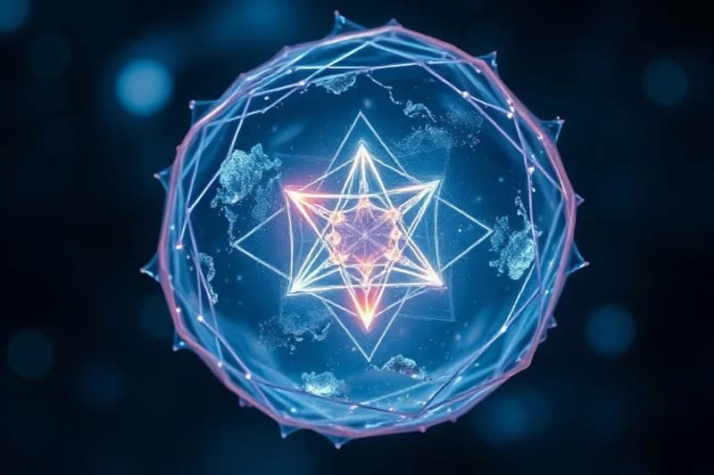 Representación macro de una célula humana sana con estructuras cristalinas y patrones geométricos luminosos en su interior, simbolizando la sanación a nivel celular.