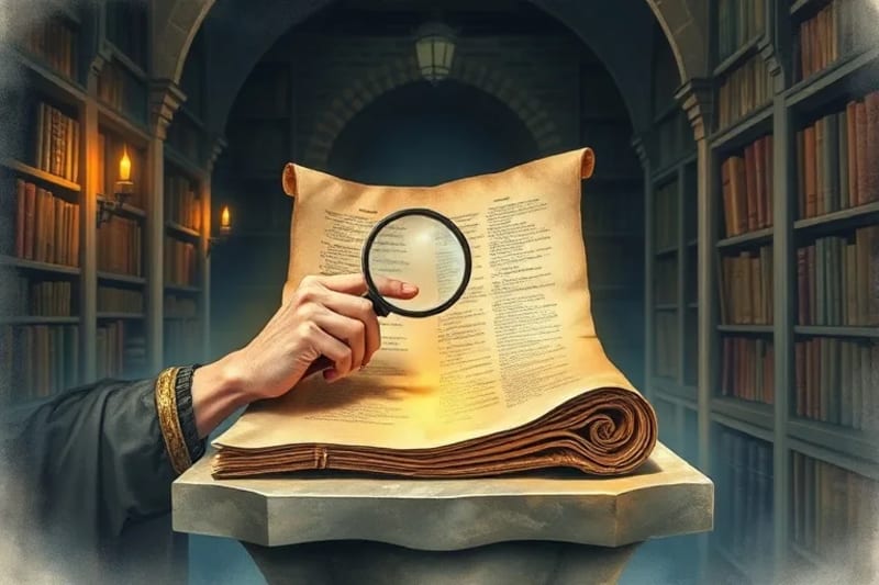 Scribe medieval examinando un manuscrito antiguo con lupa