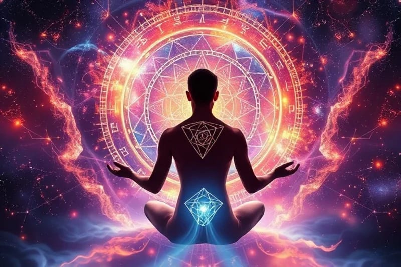 Silueta humana en meditación, rodeada por un vórtice vibrante de energía y patrones geométricos luminosos que se expanden desde el centro del corazón, representando la manifestación consciente.