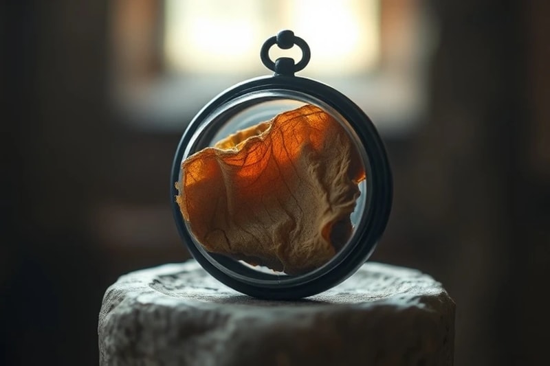 Fragmento de tela antigua en un relicario de cristal