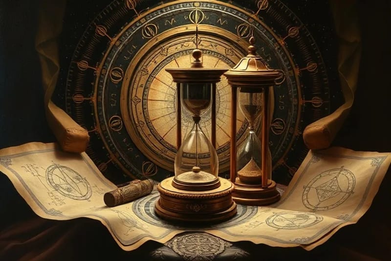 Antique astrolabe and hourglass for precise timing