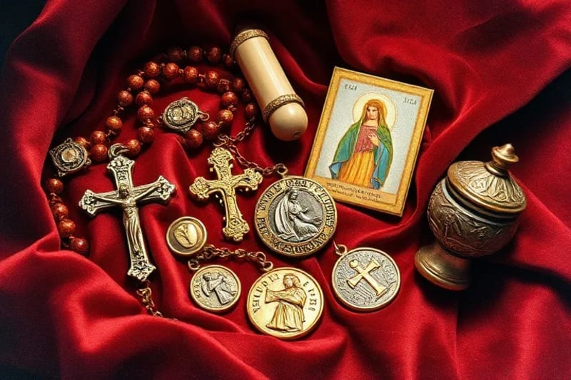 Una composición de objetos religiosos como un rosario, un escapulario y una medalla milagrosa sobre un paño de terciopelo.