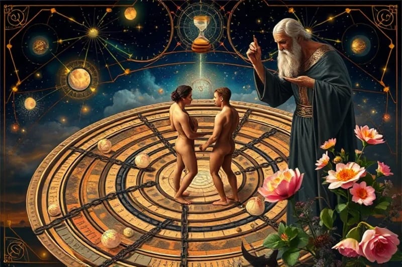 Pintura al óleo de figuras entrelazadas en un laberinto con Saturno observando