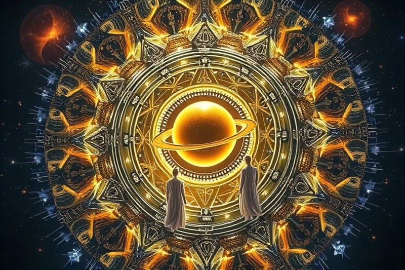 Representación 3D de un mecanismo cósmico con Saturno y figuras etéreas