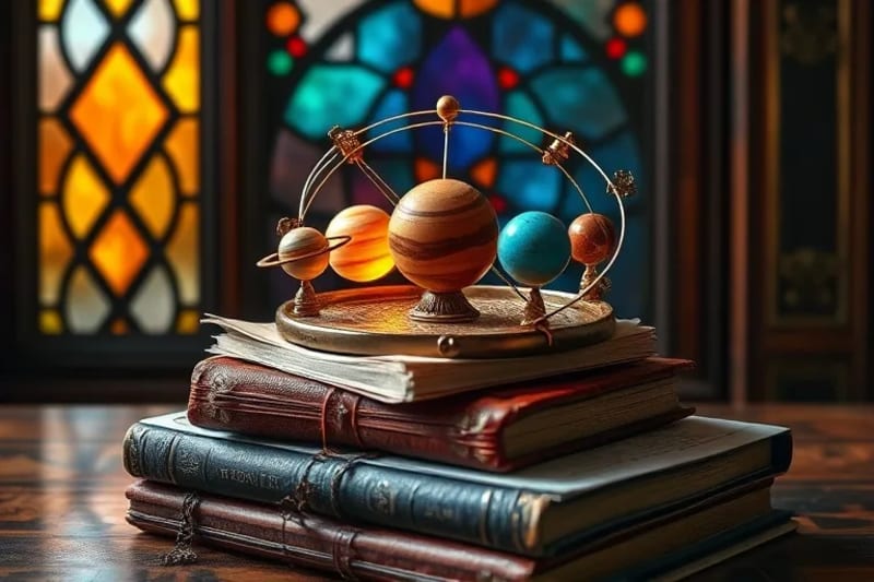 Conceptual digital art of an astrological orrery on a desk with business documents
