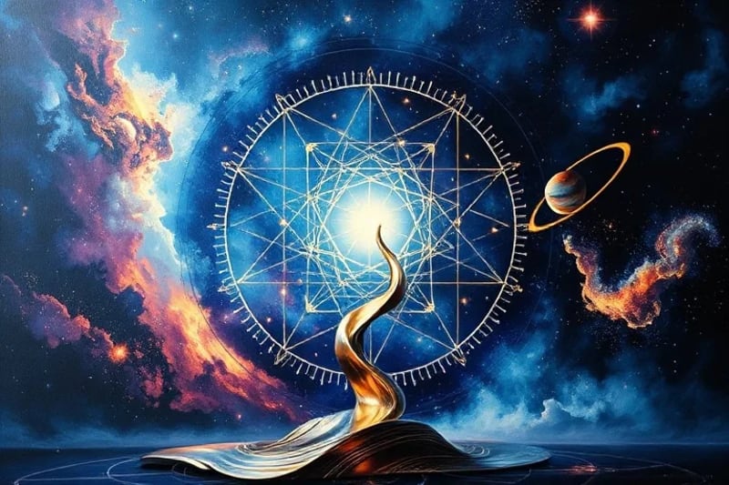 Abstract oil painting of cosmic dust forming astrological symbols, with a metallic sculpture
