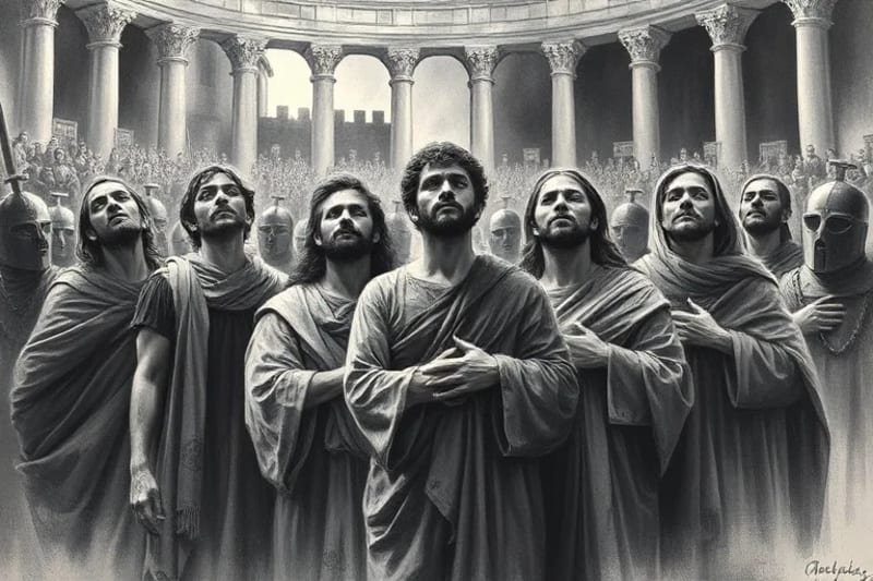 Mártires cristianos en una arena romana, orando con serenidad ante la multitud