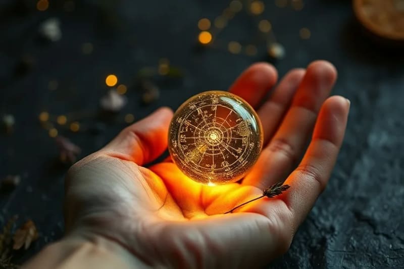 Mano sosteniendo orbe astrológico con hierbas y cristales