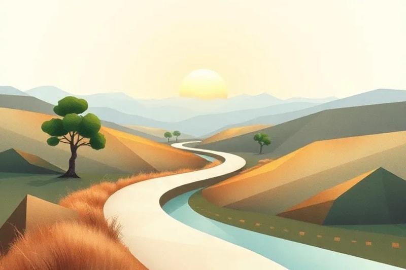 Abstract watercolor landscape with a path leading to a glowing light, symbolizing self-exploration