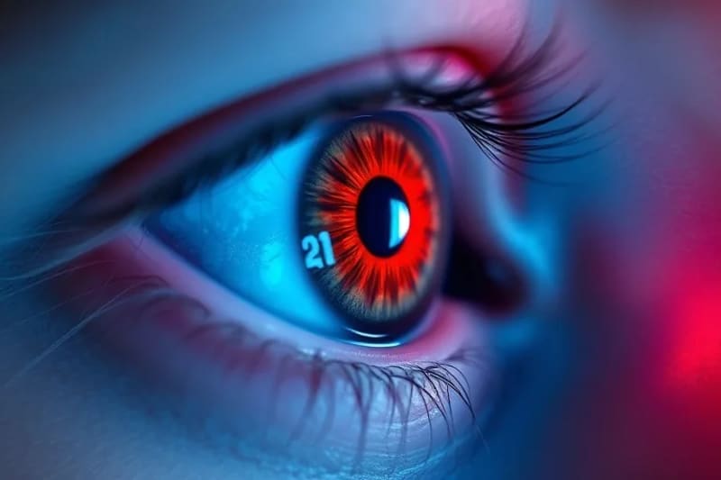Primer plano de un ojo humano reflejando luz azul, simbolizando la fatiga visual y la alteración del sueño por la exposición nocturna a pantallas.