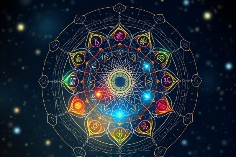 Mandala de chakras con símbolos planetarios