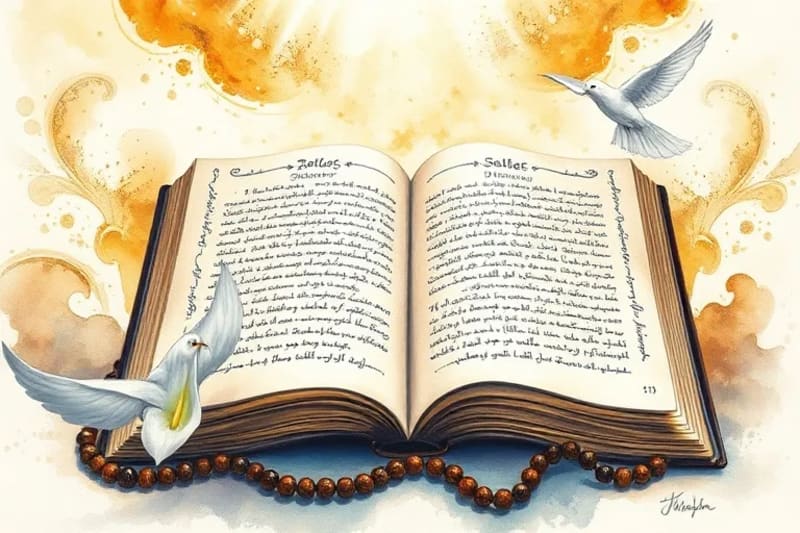 Pintura acuarela de un libro antiguo abierto con símbolos religiosos y un rosario