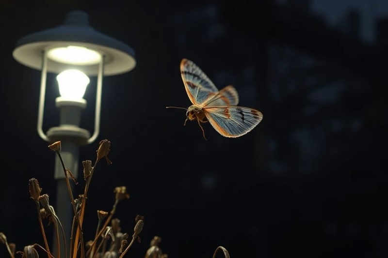 Moth desorientada volando alrededor de una farola urbana, con plantas en crecimiento anómalo en la base, ilustrando el impacto ecológico de la luz artificial.