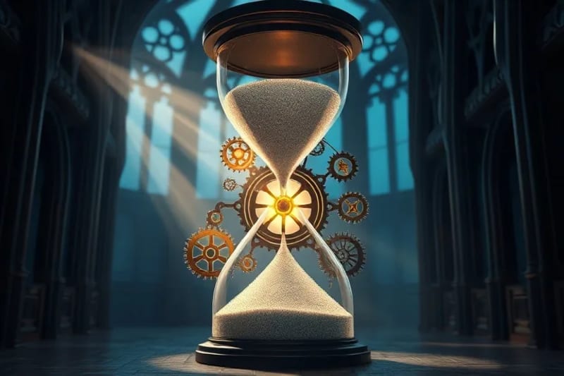 Render 3D de un reloj de arena estilizado con engranajes y símbolos místicos