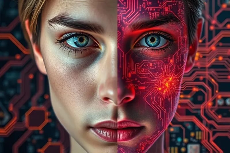 Digital painting of a face, one side natural, the other with an elaborate, fantastical AR filter, showing a stark contrast.