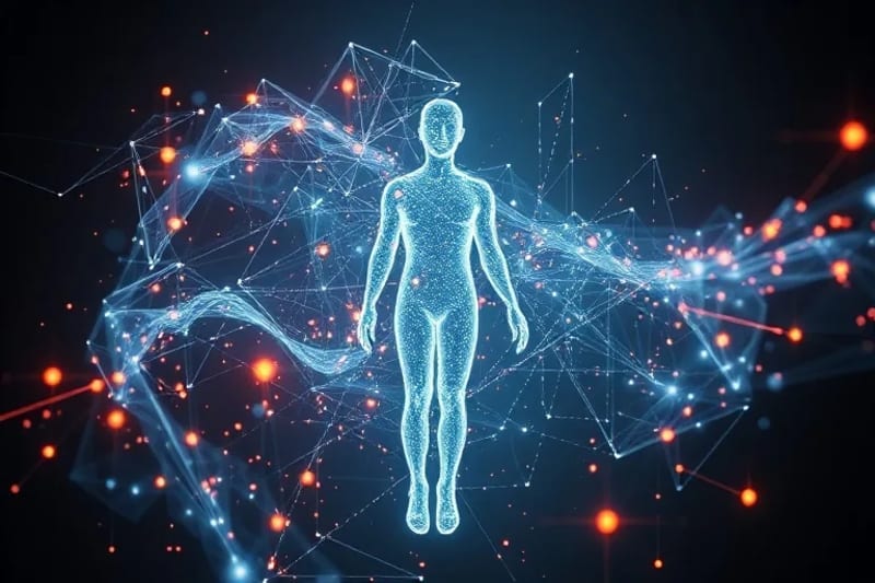 3D render of abstract geometric shapes and glowing data streams around a translucent human silhouette, representing cognitive processing.