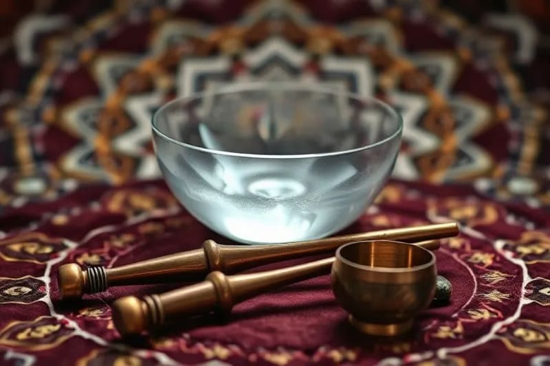 Close-up of crystal singing bowl emitting visible sound waves