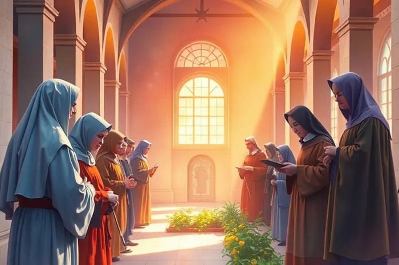 Pintura acuarela de frailes y hermanas franciscanas trabajando en comunidad en un jardín