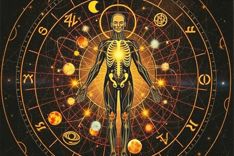 Stylized anatomical chart overlaid with astrological glyphs and energy lines