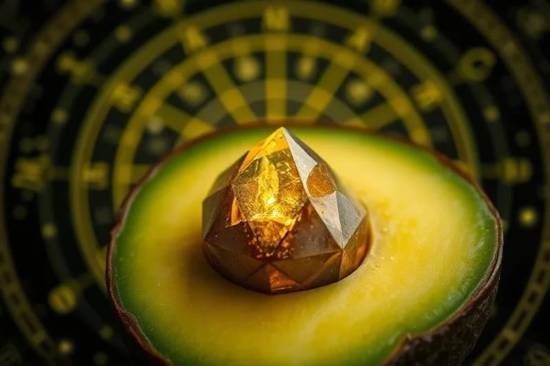 Aguacate con cristal brillante, simbolizando la energía de los alimentos