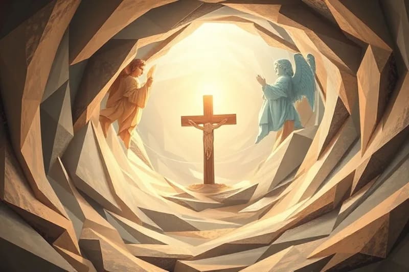 Pintura digital abstracta de un vórtice de luz y tonos tierra con una cruz y formas angelicales