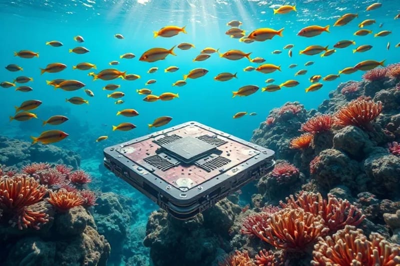 Advanced submarine IoT sensor array integrated into a coral reef for environmental monitoring