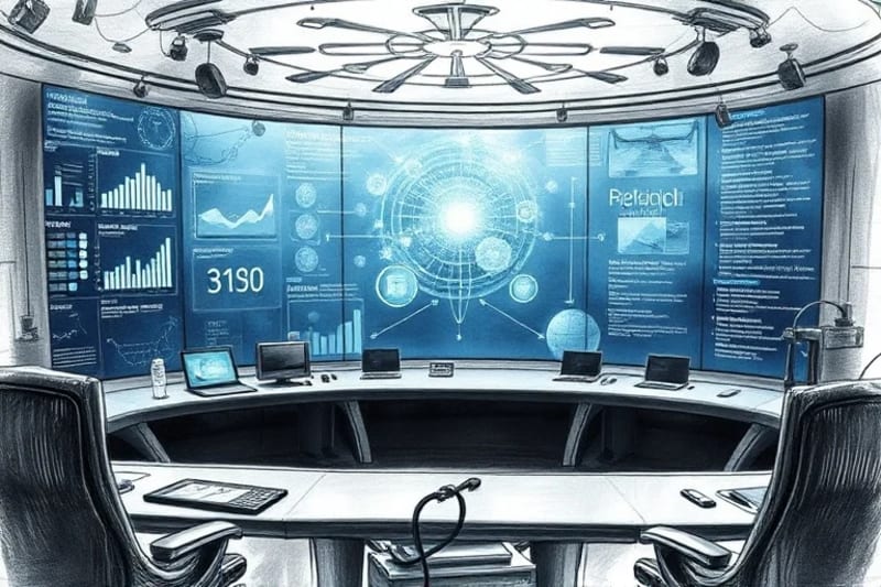 Infographic displaying data streams from various underwater IoT sensors converging into a holographic interface
