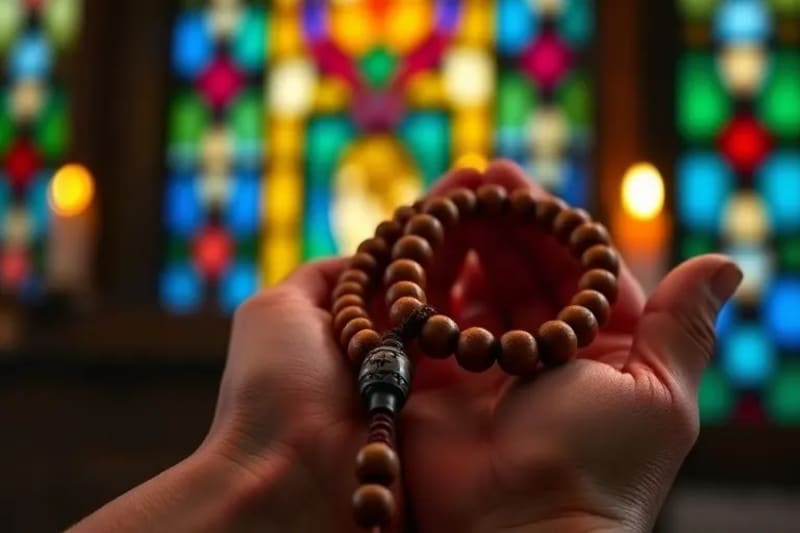 Devoción y Paz Interior a través del Rosario Manos rezando el rosario con luz