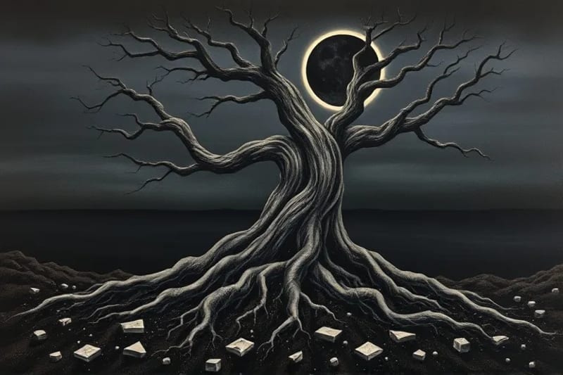 Oil painting of a gnarled tree under a partial eclipse, with fragmented mirrors reflecting distorted images, symbolizing shadow work.