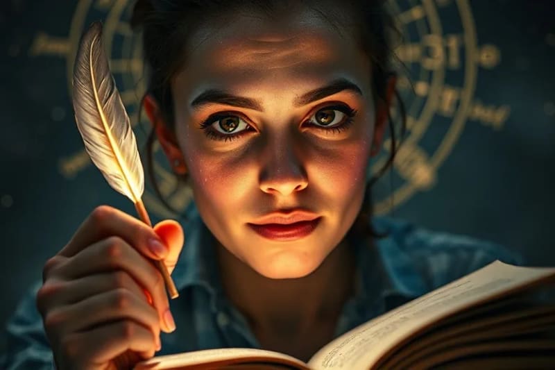 Persona escribiendo con pluma, rodeada de símbolos celestes y libros, luz emanando de la pluma