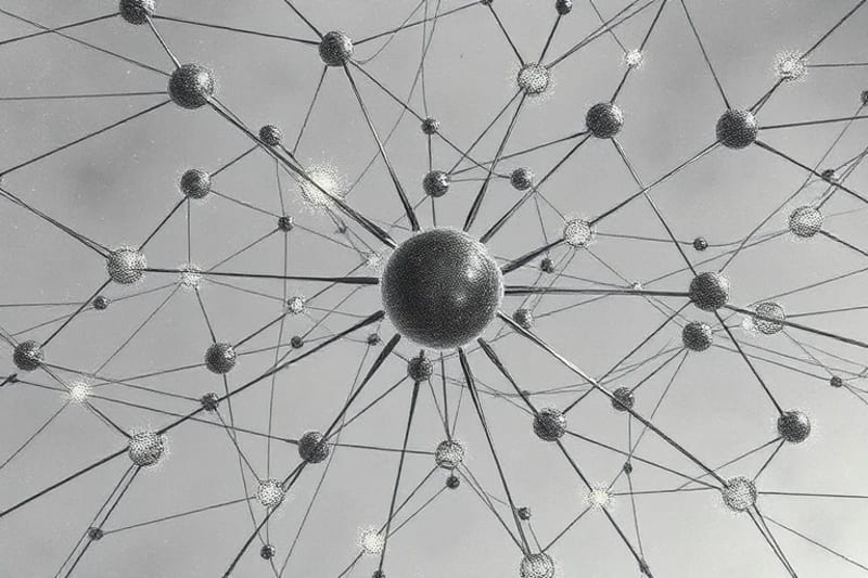 3D render of a cosmic neural network with glowing lines and nodes, representing interconnectedness and fated intersections.