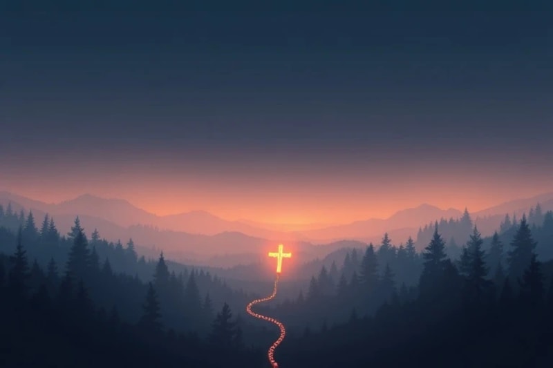 Guía y Claridad en el Sendero Espiritual Rosario iluminando un camino oscuro