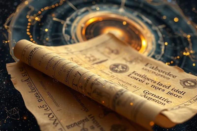 Render 3D de un pergamino antiguo desenrollándose en una galaxia con palabras