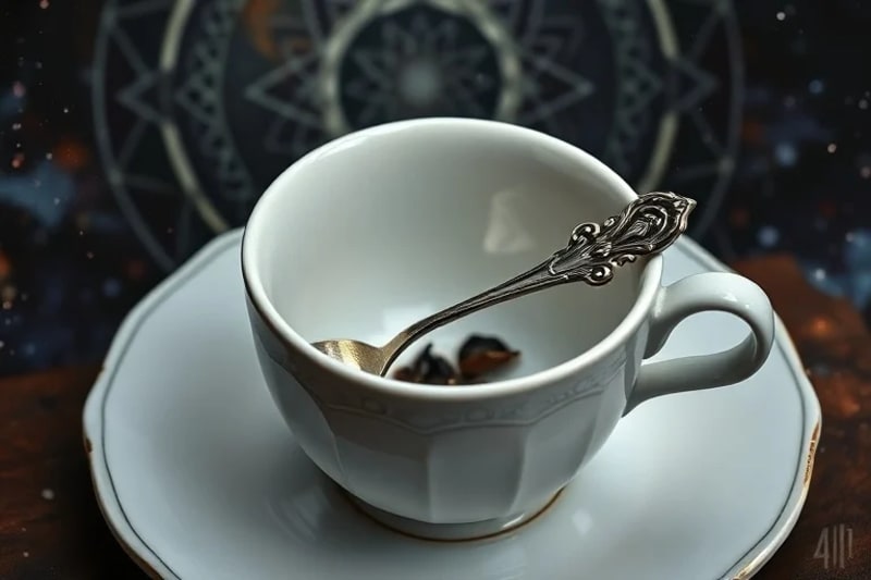 Ornate silver spoon on saucer with tea leaf patterns